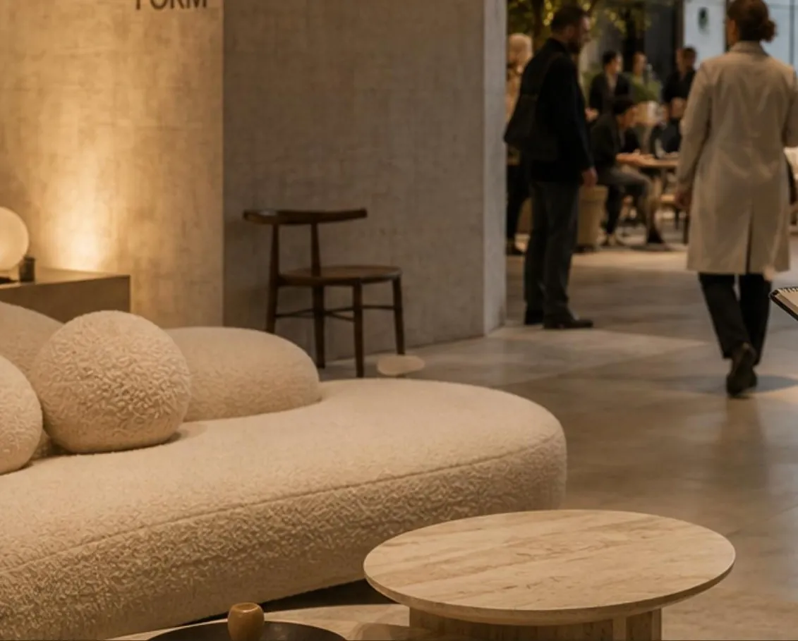 Espaço de exposição em Milão com sofá e visitantes